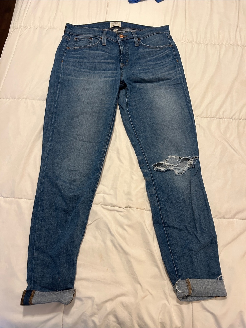 J. Crew Women's 8” Toothpick Jeans in Classic Blue with Distressed Knee